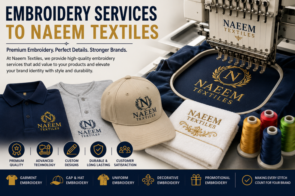 Frequently Asked Questions (FAQs) 1. What embroidery services does Naeem Textiles offer? Naeem Textiles offers a wide range of embroidery services, including custom logo embroidery, garment embroidery, computerized embroidery, promotional apparel embroidery, uniform embroidery, and decorative embroidery for fashion and home textile products. 2. Why is embroidery important for textile products? Embroidery enhances the visual appeal, durability, and value of textile products. It creates a premium look, strengthens brand identity, and helps businesses stand out in a competitive market. 3. What types of fabrics can be embroidered? Embroidery can be applied to various fabrics, including cotton, polyester, denim, fleece, canvas, silk, linen, and blended materials. The embroidery technique is adjusted according to the fabric type for the best results. 4. Can Naeem Textiles create custom embroidery designs? Yes, custom embroidery designs can be created based on customer requirements. Logos, names, monograms, artwork, and unique patterns can be digitized and embroidered with precision. 5. What is computerized embroidery? Computerized embroidery uses advanced embroidery machines and software to create accurate, detailed, and consistent designs. It allows for high-volume production while maintaining excellent quality. 6. How durable is embroidery compared to printing? Embroidery is generally more durable than printing because stitched designs do not crack, peel, or fade easily. Properly embroidered garments can maintain their appearance for years. 7. Does embroidery increase the value of textile products? Yes, embroidery significantly increases the perceived value of textile products. Customers often associate embroidered items with premium quality, professionalism, and superior craftsmanship. 8. What industries benefit from embroidery services? Many industries benefit from embroidery services, including fashion, hospitality, healthcare, education, sports, corporate businesses, retail, and promotional marketing sectors. 9. Can embroidery be used for branding purposes? Absolutely. Embroidered logos and company names help businesses improve brand visibility, create a professional image, and enhance customer recognition. 10. Why should businesses choose Naeem Textiles for embroidery services? Naeem Textiles focuses on quality craftsmanship, modern embroidery technology, customization options, timely delivery, and customer satisfaction, making it a reliable choice for professional embroidery solutions. 11. What are the latest trends in embroidery for 2026? Current embroidery trends include sustainable embroidery practices, eco-friendly threads, 3D puff embroidery, personalized designs, luxury embellishments, and digital embroidery innovations. 12. How can embroidery help increase customer satisfaction? Embroidery adds elegance, durability, and uniqueness to products, resulting in higher customer satisfaction, repeat purchases, and stronger brand loyalty.